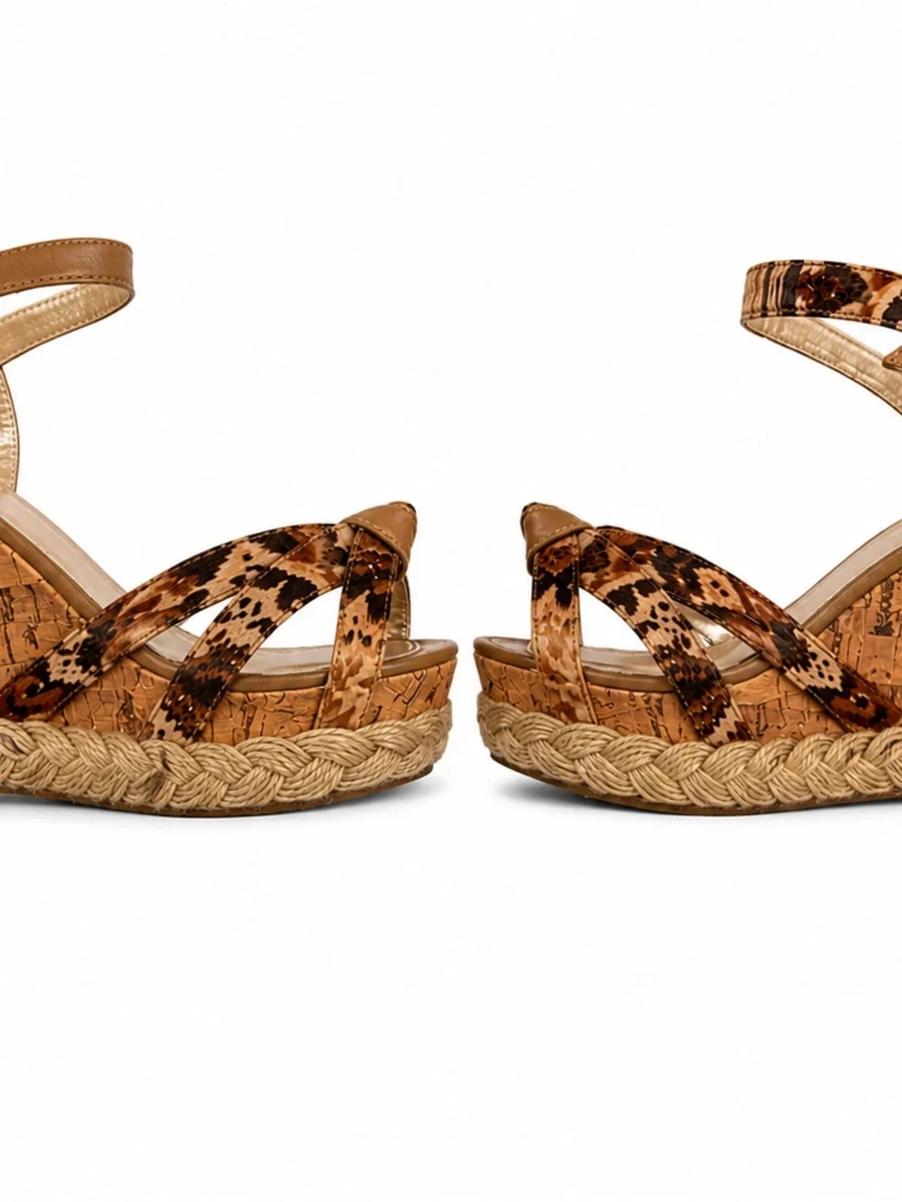 XOXO Tan & Brown Animal-Print Knot Front Wedge Sandals